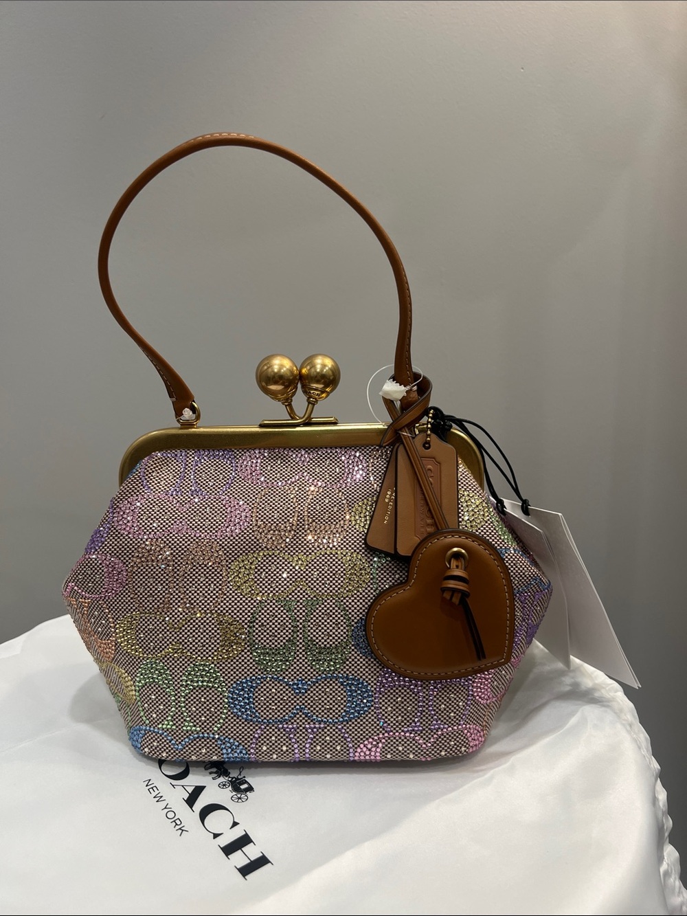 NEW Coach Rainbow CRYSTAL Kiss-Lock Mini Top Handle/crossbody Bag w/ Tan Accent